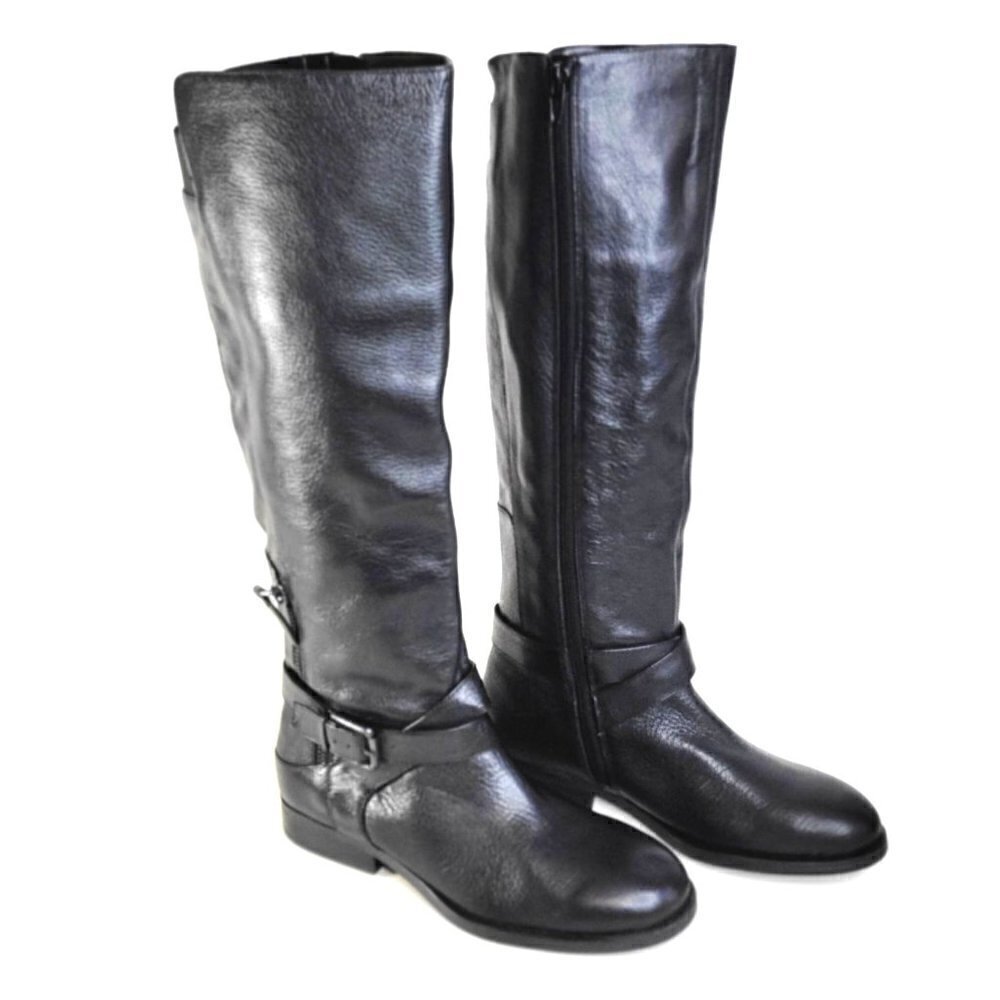 Modern Black Riding Knee High Leather Long Tall Black Zip Up Boots Women Size 6
